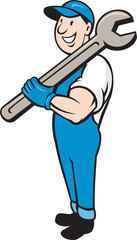 Mechanic Smiling Spanner Standing Cartoon