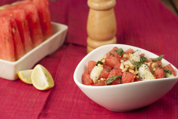 Refreshing watermelon, cucumber and mint salad.