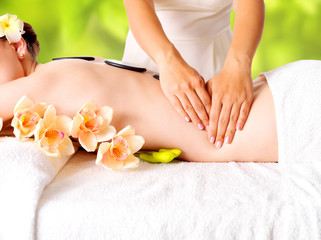 Woman having massage of body in nature spa