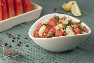 Refreshing watermelon, cucumber and mint salad.