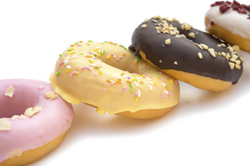 colorful donuts on a white background with clipping path
