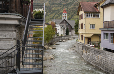 iron ladder on the fast rocky river