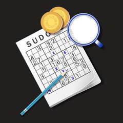 illustration of Sudoku game, mug of milk and cookies