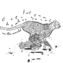 Hand drawn cheetah animal running with ink spots