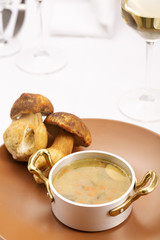 Mushroom soup in restaurant