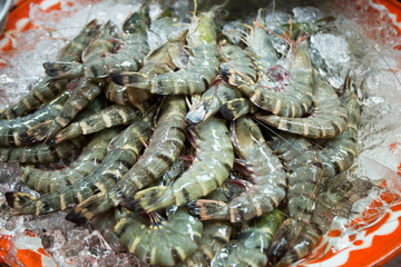 raw shrimp, Raw fish and prawn selling on ice in fresh market