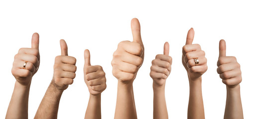 Many hands showing thumbs up, isolated on white back