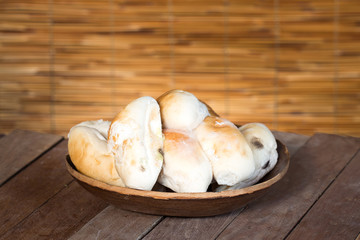 Mould on food. Bread with mildew. Rotten food, bread, expire dat