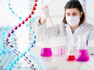 close up of scientist making test in lab