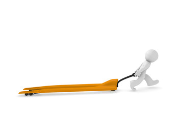 3d man with a long lifting cart on a white background