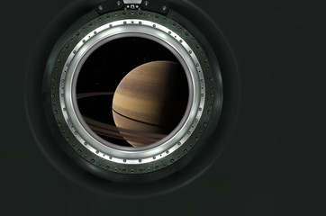 Saturn or alien planet view from spaceship
