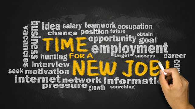 time for a new job with related word cloud handwritten on blackb