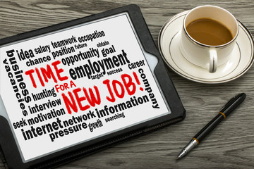 time for a new job with related word cloud handwritten on tablet