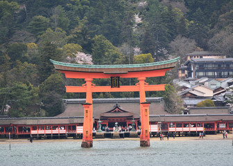 宮島の厳島神社を大鳥居からの眺める風景