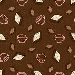 Seamless pattern with coffee and chocolate. Hand-drawn vector