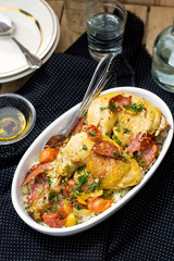 Chicken stew with sweet peppers, onions, tomatoes and chorizo