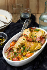 Chicken stew with sweet peppers, onions, tomatoes and chorizo