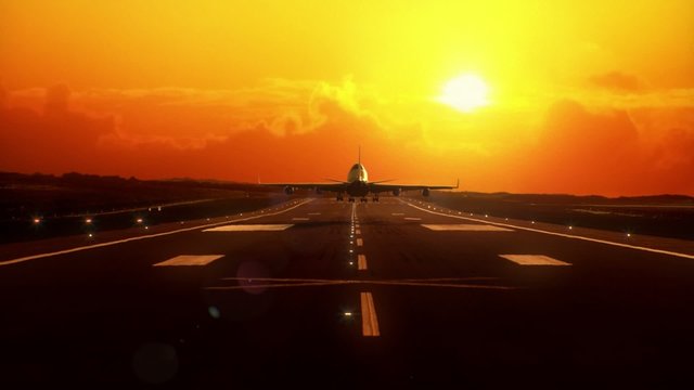 Airplane landing at sunset, beautiful very realistic animation.