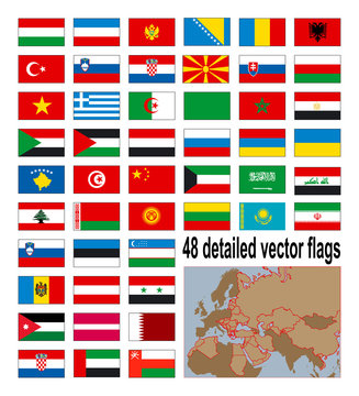 Detailed flags of 48 Europian, Asian and African countries