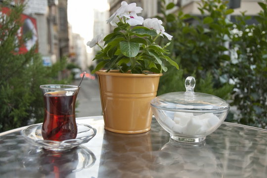 Morning tea in a street restaurant in Istanbul, Turkey.