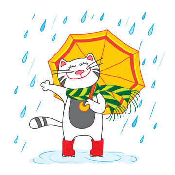 Cat with umbrella under the rain