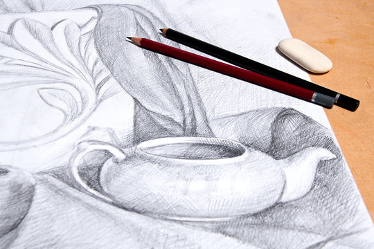 Drawing Of Still Life By Graphite Pencil.