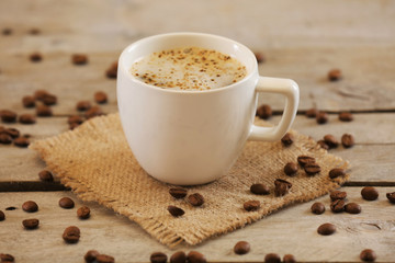 Cup of coffee on table close-up