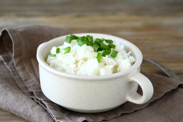 Vegetarian rice with onions in a bowl