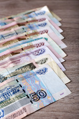 Stack of money on table close up