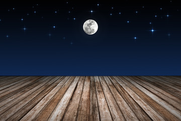 Night sky with stars and full moon, wooden planks. Elements of t