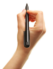 Female hand with marker isolated on white