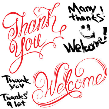 Set of handwritten text Thank You and Welcome in calligraphic  a