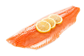 Raw salmon fillet on white background