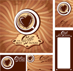 Template designs of menu and business cards for cofee house. Bac