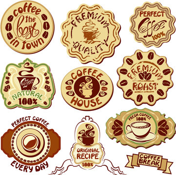Set of coffee labels - hand drawn icons of cup and hand written