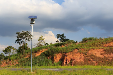 Close up of electric pole with Solar panel, use of Solar energy