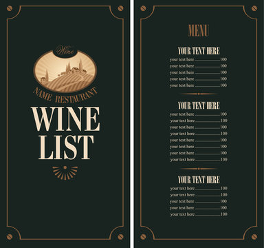 wine menu with vineyard scenery on a black background