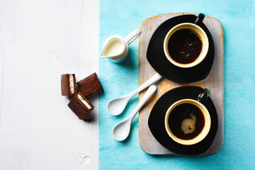 Obraz na płótnie Canvas Two Cups of Espresso with Chocolate Cake