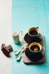 Two Cups of Espresso with Chocolate Cake