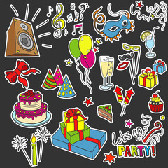 Colored sketch party objects hand-drawn