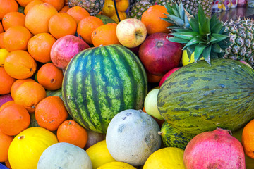 A pile of tropical fruits seen at a market