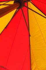 Giant red and yellow umbrella against a palm leaf