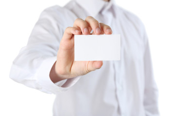 Elegant man holding business card, isolated on white