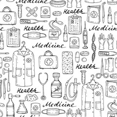 Vector pattern with hand drawn medical symbols on white color