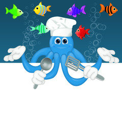 Funny squid octopus cook restaurant seafood ocean cartoon