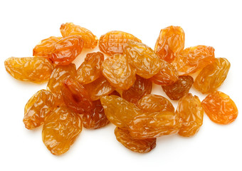 Yellow sultanas raisins isolated on white background cutout