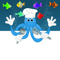 Funny squid octopus cook restaurant seafood ocean cartoon