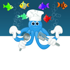 Funny squid octopus cook restaurant seafood ocean cartoon