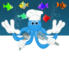 Funny squid octopus cook restaurant seafood ocean cartoon