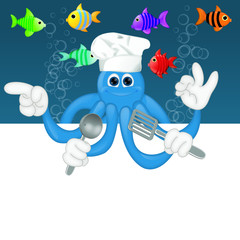 Funny squid octopus cook restaurant seafood ocean cartoon